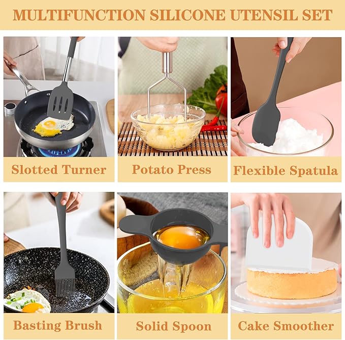Silicone Cooking Utensil Set, Umite Chef 43 PCS Heat Resistant Kitchen Utensil Gadgets Set-Stainless Steel Handle- Kitchen Spatula Tools for Nonstick Cookware, Pots and Pans Accessories(Grey)
