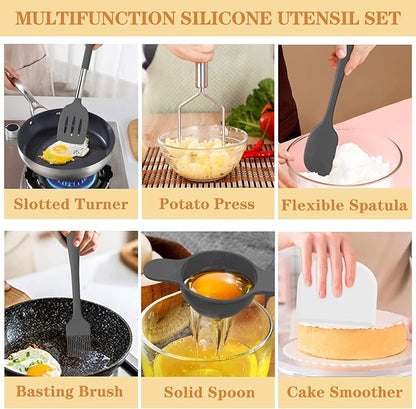 Silicone Cooking Utensil Set, Umite Chef 43 PCS Heat Resistant Kitchen Utensil Gadgets Set-Stainless Steel Handle- Kitchen Spatula Tools for Nonstick Cookware, Pots and Pans Accessories(Grey)