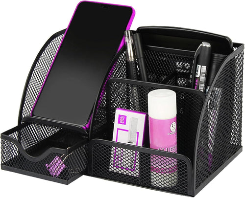 ZDZBLX Desk Organizers, Metal Mesh Stationery Desktop Organizer, Pen Holder Desk Organizer and Storage Office Supplies Desk Accessories Essentials Caddy with Drawer for Home, Office, School (Black)