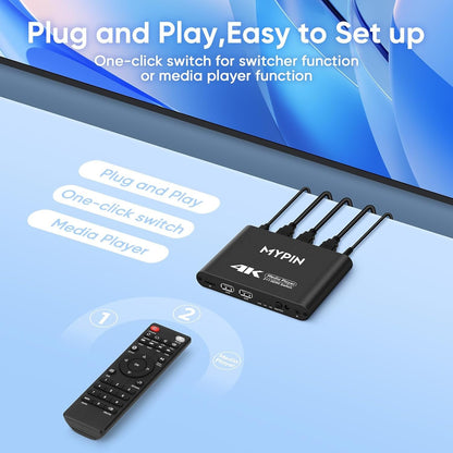 4K@30 Media Player with 2 in 1 Out HDMI Switch Function, 2 Port HDMI Switcher Splitter, Automatic Switch with Remote, Medie Player Supports Image, Music, Video Playback