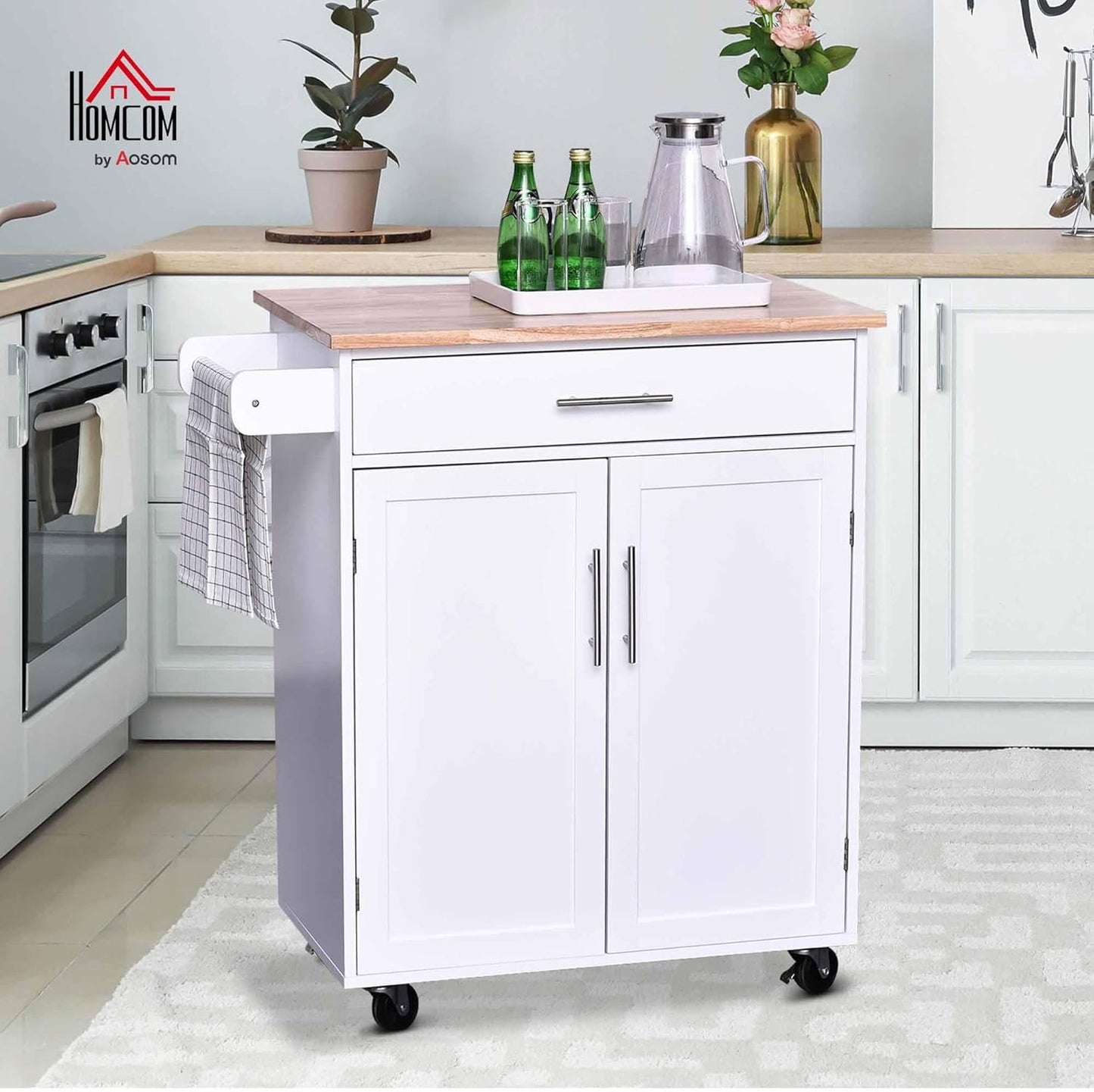 HOMCOM Rolling Kitchen Island Cart with Wood Top, Enough Storage Drawer Space with Towel Bar Rack Shelves, Portable Kitchen Utility Serving Cart Trolley on Wheels (White)