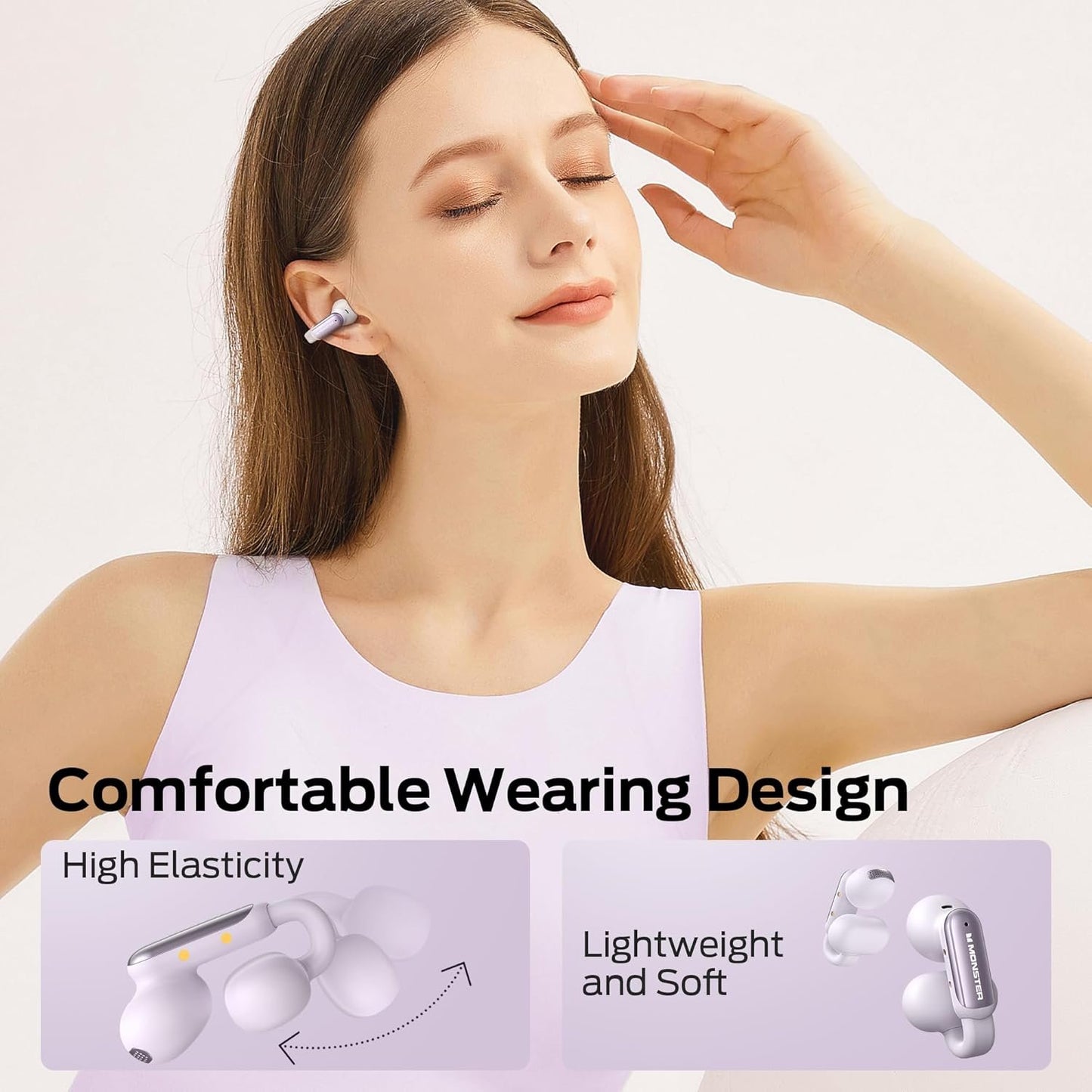 Monster Open AC601 Bluetooth Earbuds - Comfortable Clip-On Wireless Earbuds with Bluetooth 5.4, 32H Playtime Earbuds with ENC Clear Talk, IPX5 Waterproof & Touch Control Headphones (Purple)