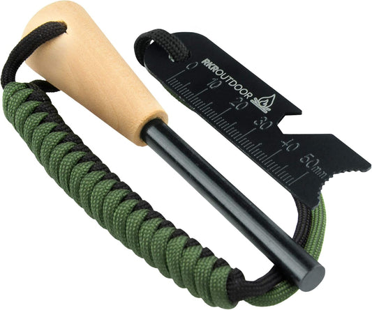 RKR OUTDOOR Ferro Rod Flint Fire Starter Kit with Handcrafted Wood Handle |5/16"- 3/8" Thick 12000-15000 Strikes |Survival Flint and Steel Rods with Multi-Tool Striker and Paracord Lanyard for Camping