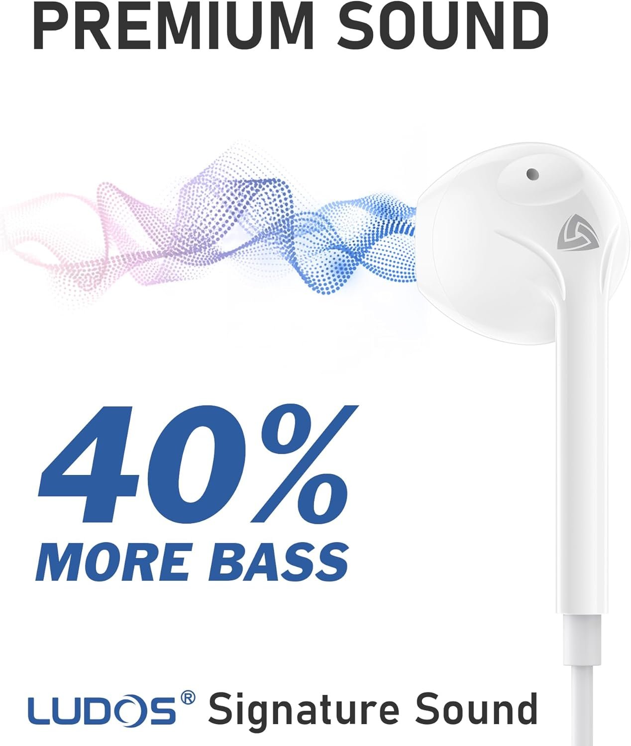 LUDOS Zenith Wired Earbuds in-Ear Headphones, 2 Year Warranty, Earphones with Microphone, Noise Isolation Corded for 3.5mm Jack Ear Buds for iPhone, iPad, Samsung, Computer, Laptop, Gaming - White