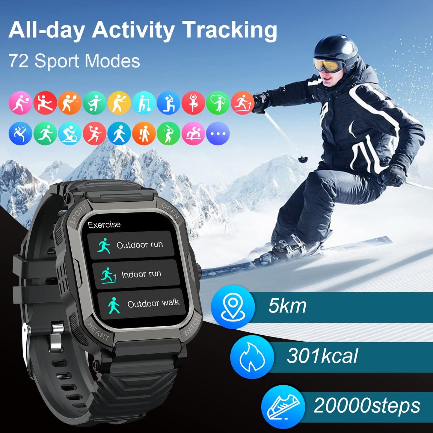 Waterproof Men's Fitness Watch Smartwatch: Bluetooth Calling and Hands-Free Response Military Smart Watch Tracker Heart Rate Monitor Pedometer Blood Pressure Calorie Sports for Android iOS