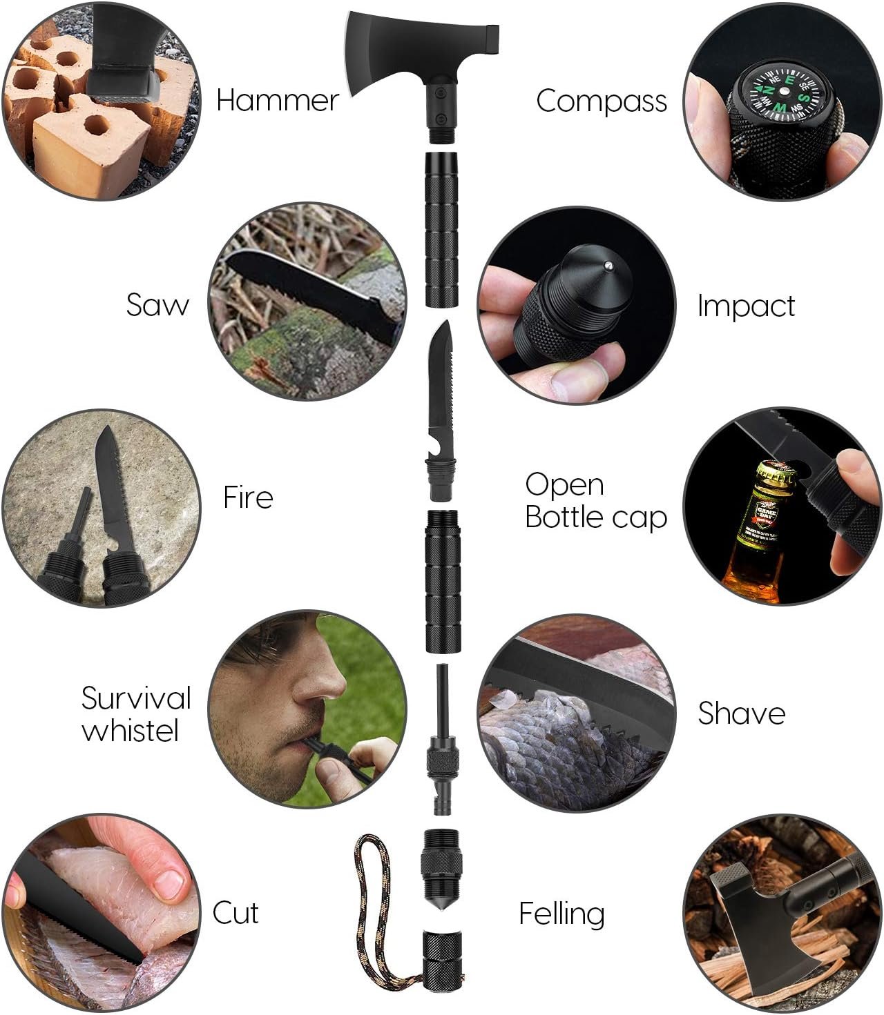 Hitdudu Camping Axe, Folding Portable Survival Hatchet Multi-Tool, Tactical Tomahawk with Hammer for Outdoor Hunting Hiking Camping