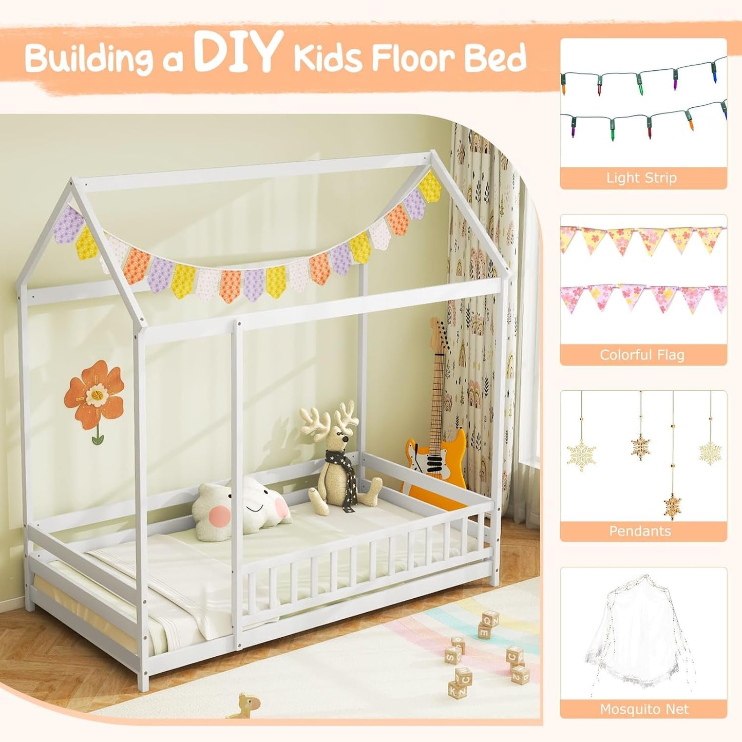 IFANNY Twin Floor Bed, Wooden House Bed with Safety Fence and Roof, Wood Twin Size Platform Playhouse, Low Montessori Bed Frame for Kids, Boys, Girls (White)