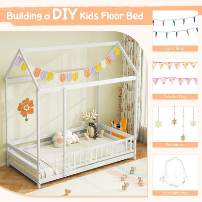 IFANNY Twin Floor Bed, Wooden House Bed with Safety Fence and Roof, Wood Twin Size Platform Playhouse, Low Montessori Bed Frame for Kids, Boys, Girls (White)