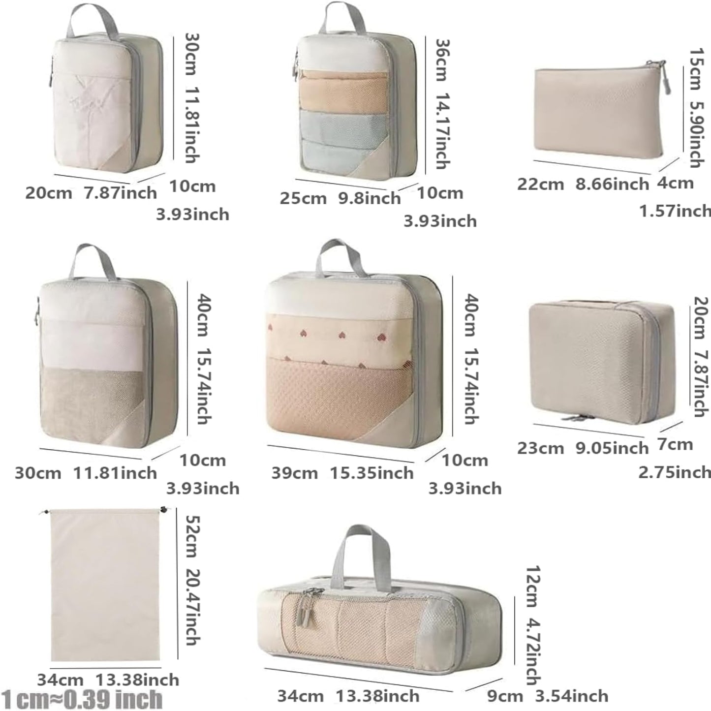 Rantuia 8 Piece Travel Storage Bag Set - Lightweight Compression Packing Cubes for Travel, Waterproof Nylon Material, Scratch-Resistant, Breathable - Luggage Organizer Pouches Off White