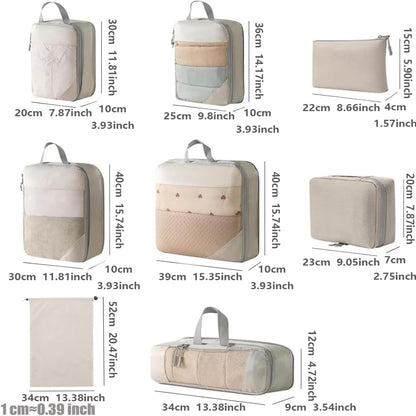 Rantuia 8 Piece Travel Storage Bag Set - Lightweight Compression Packing Cubes for Travel, Waterproof Nylon Material, Scratch-Resistant, Breathable - Luggage Organizer Pouches Off White