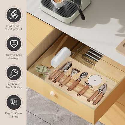 Stainless Steel Kitchen Gadget with Wood Organizer - Can Opener, Vegetable Peeler, Ice Cream Scoop, Pizza Cutter, Garlic Press - Kitchen Tools and Gadgets 2025 Cooking Kitchen Essentials