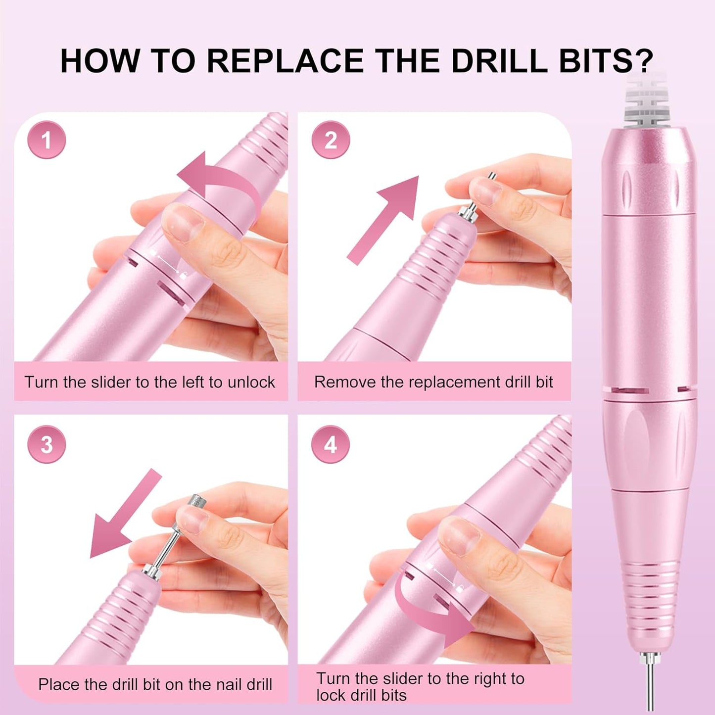 Professional Electric Nail Drill File:COSYGLOW Glitter Portable Cordless E-File Nail Drill Kit with 11 Drill Bits,30000 RPM Rechargeable Nail Drills Machine for Acrylic Nails Gel Polishing(Pink)