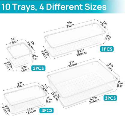 Vtopmart 10 Pcs Makeup Drawer Organizer Bins Set, 4 Size Plastic Makeup and Vanity Organizer Trays, Clear Acrylic Vanity Storage Containers for Cosmetics, Toiletries, Jewelry, Gadgets, Office Supply