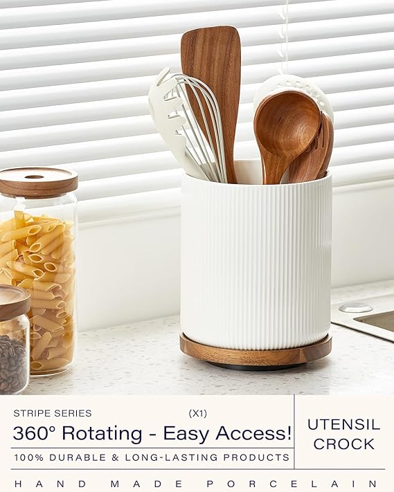 getstar 360 Rotating Large Kitchen Utensil Holder, Ceramic Cooking Utensil Holder for Kitchen Counter with Rotatable and Detachable Wooden Base
