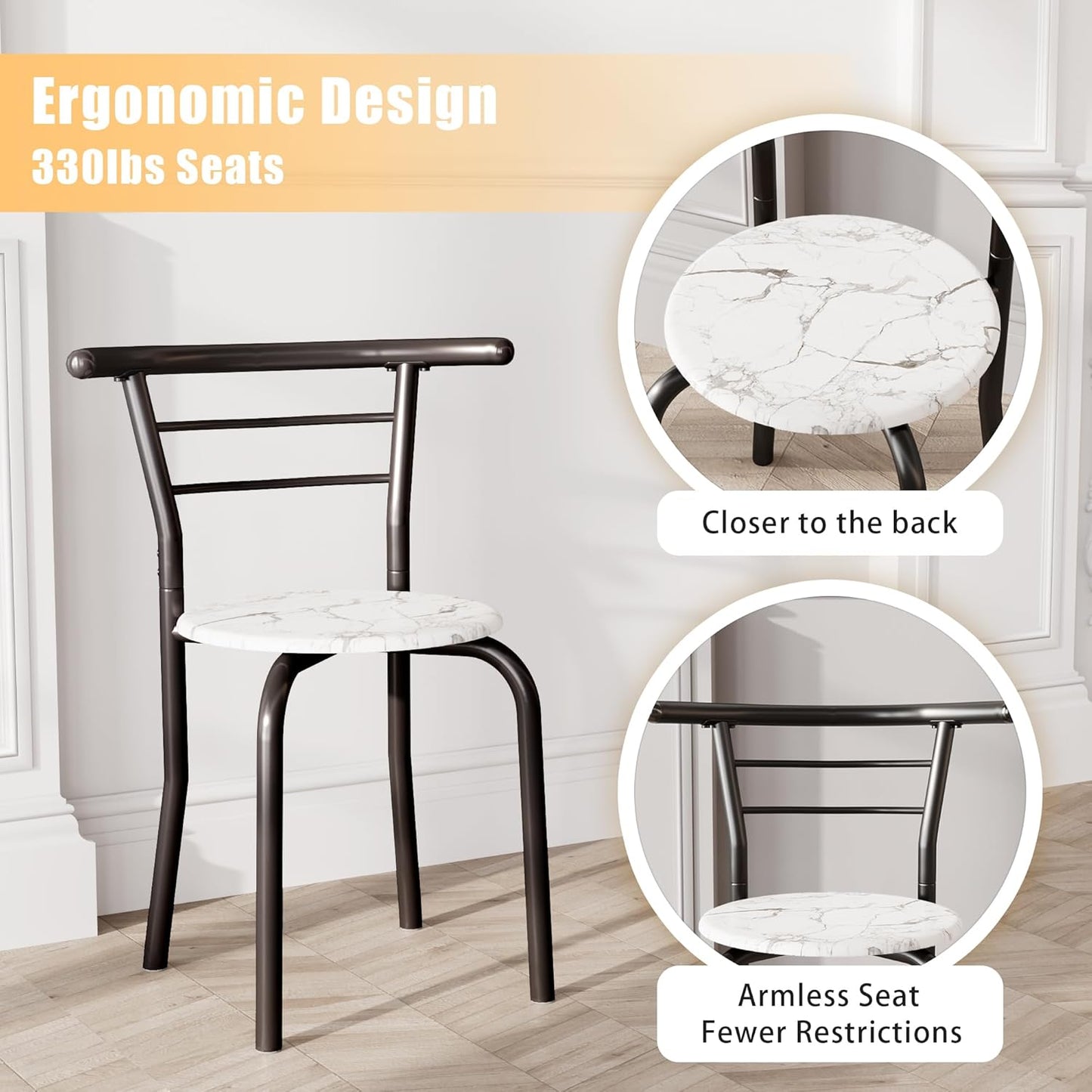JUMMICO 3-Piece Wooden Round Table & Chair Set, Space Saving Kitchen Breakfast Nook Wood Grain Tabletop with Metal Frame and Built-in Wine Rack for Kitchen, Dining Room (White/Black)