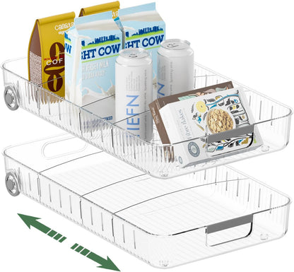 Refrigerator Organizers and Storage 2 Pack Roll Out Storage Bins Fridge Organizer with Wheels BPA-Free Clear Plastic Storage Bins Pantry Organizers and Storage