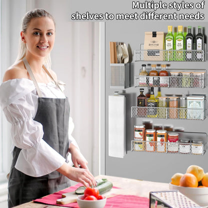 Magnetic Spice Rack for Refrigerator, 6 Pack 100% Metal Strong Magnet Shelf, Space Saving Spice Organizer, Home Kitchen Laundry Room Storage Organization W/ Paper Towel Holder, Utensils Racks (Grey)