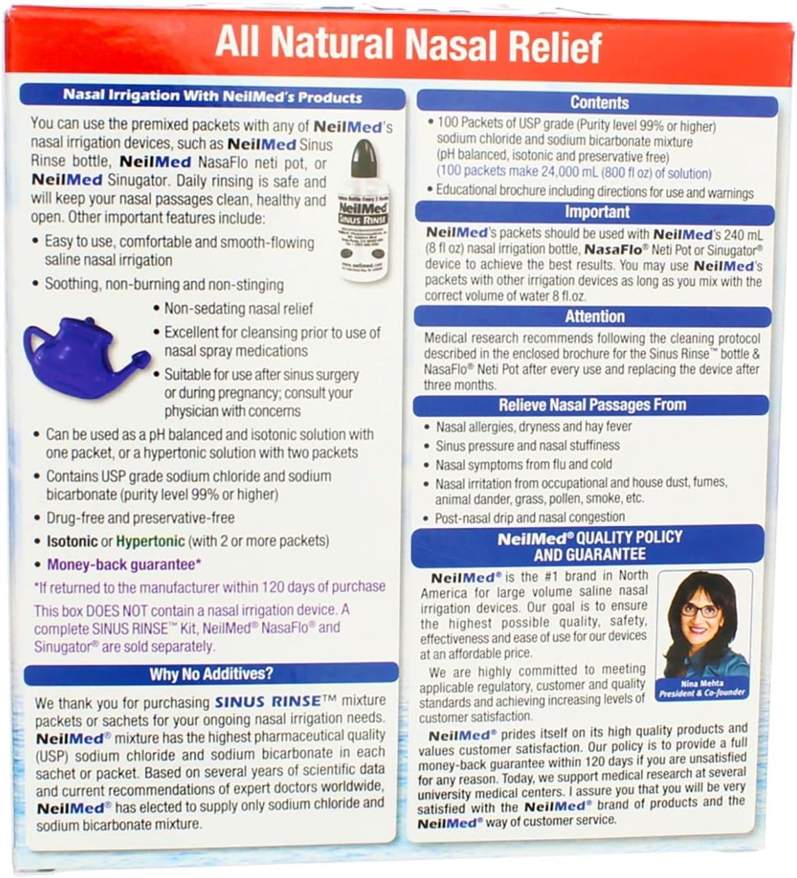 NeilMed Sinus Rinse All Natural Relief Premixed Refill Packets 100 Each (Pack of 3)
