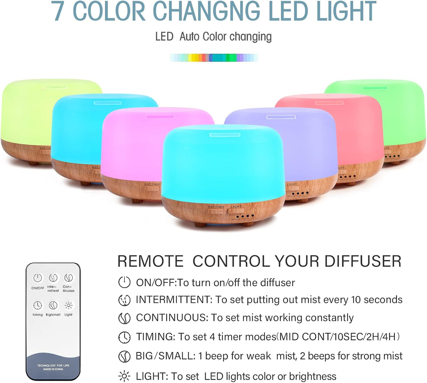 Aromatherapy Essential Oil Home Diffuser with Remote Control, 300ML Large Room Cool Mist Air Humidifier, 8 Hours Quiet Operation, Timer, 7 Colors LED Night Night，Suitable Home,Yoga.