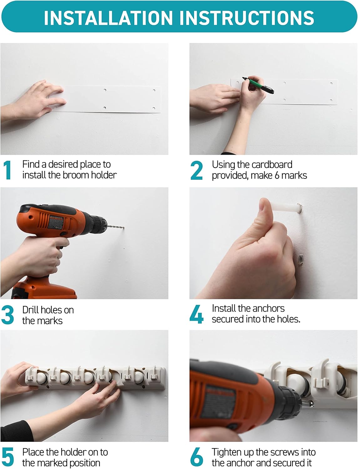 Home-it Mop and Broom Holder Wall Mount Garden Tool Storage Tool Rack Storage & Organization for the Home Plastic Hanger for Closet Garage Organizer (5-position)