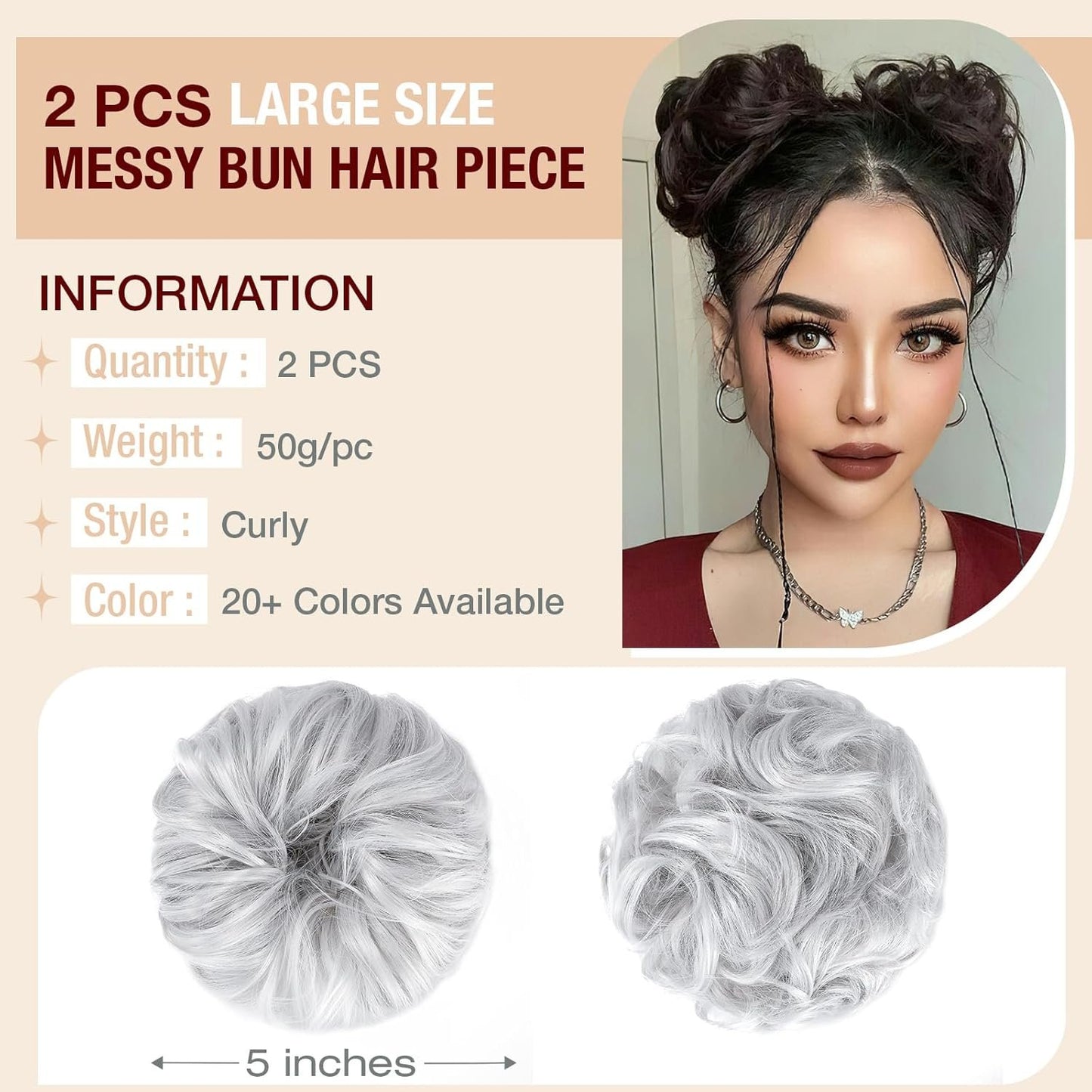 Qunlinta 2 PCS Large Messy Bun Hair Piece, Thick Wavy Curly Hair Bun Scrunchies Extensions Synthetic Chignon Updo Hairpieces for Women Girls Silver Grey