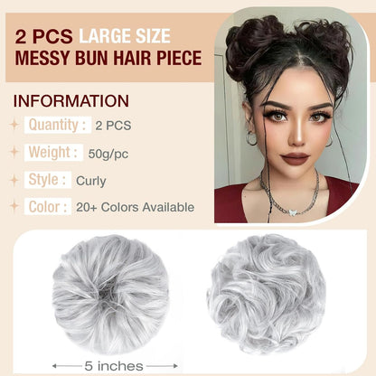 Qunlinta 2 PCS Large Messy Bun Hair Piece, Thick Wavy Curly Hair Bun Scrunchies Extensions Synthetic Chignon Updo Hairpieces for Women Girls Silver Grey