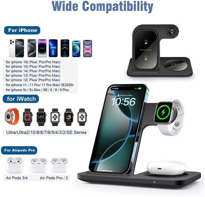 3 in 1 Wireless Charger Charging Station Foldable 15W Fast Charge Stand for iPhone 16 15 14 13 12 11 Pro Max XS XR 8 Plus,AirPods Pro2/4/3/2,Apple Watch Series 10/Ultra 2/9/8/7/6/SE/5/4/3/2,Black
