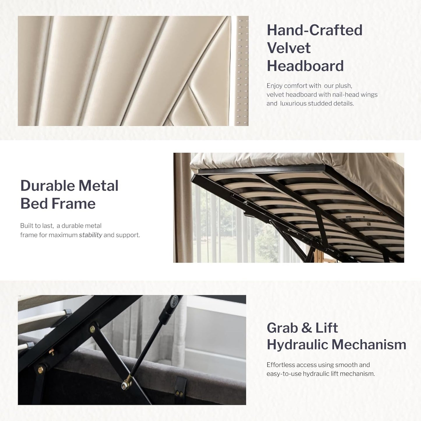 Aykah Fez Velvet Upholstered Queen Size Bed Frame with Storage, Modern Wingback Design Bed, Metal King Bed Frame with High Headboard, Wood Slat Support, Modern Design (Beige, Queen Bed)