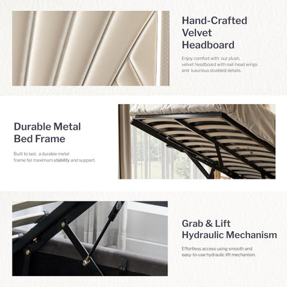 Aykah Fez Velvet Upholstered Queen Size Bed Frame with Storage, Modern Wingback Design Bed, Metal King Bed Frame with High Headboard, Wood Slat Support, Modern Design (Beige, Queen Bed)