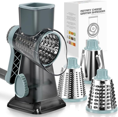 KEOUKE Rotary Cheese Grater Hand Crank Cheese Shredder Vegetable Mandoline Slicer for Kitchen 3 Changeable Blades for Cheese Potato Zucchini Nuts Chocolate - GreyBlue