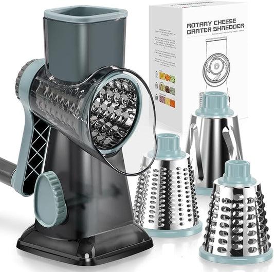 KEOUKE Rotary Cheese Grater Hand Crank Cheese Shredder Vegetable Mandoline Slicer for Kitchen 3 Changeable Blades for Cheese Potato Zucchini Nuts Chocolate - GreyBlue