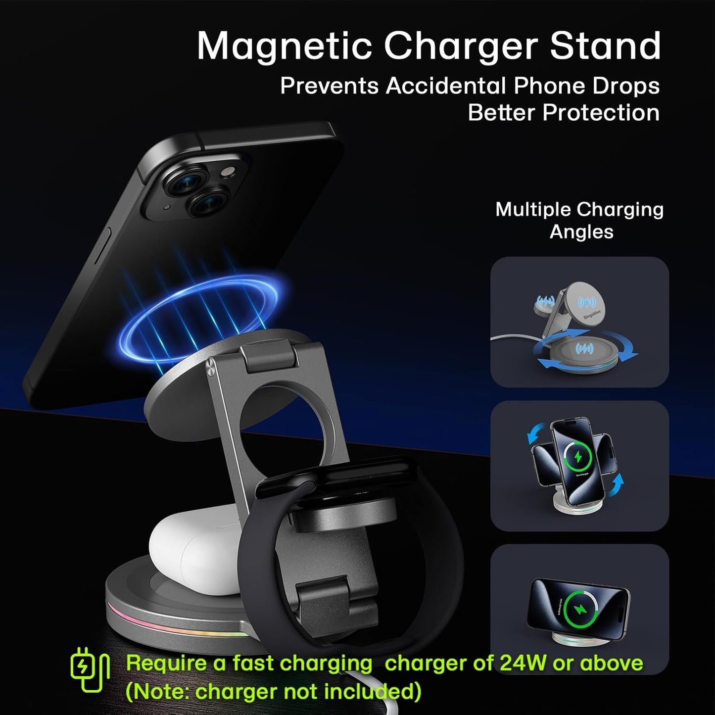 3 in 1 Wireless Charger Station for iPhone & Apple Watch & AirPods, 360 Rotating 10W Fast Charging Station Compatible with iPhone 12-16 Series Zinc Alloy Foldable Charger Stand with Magnetic