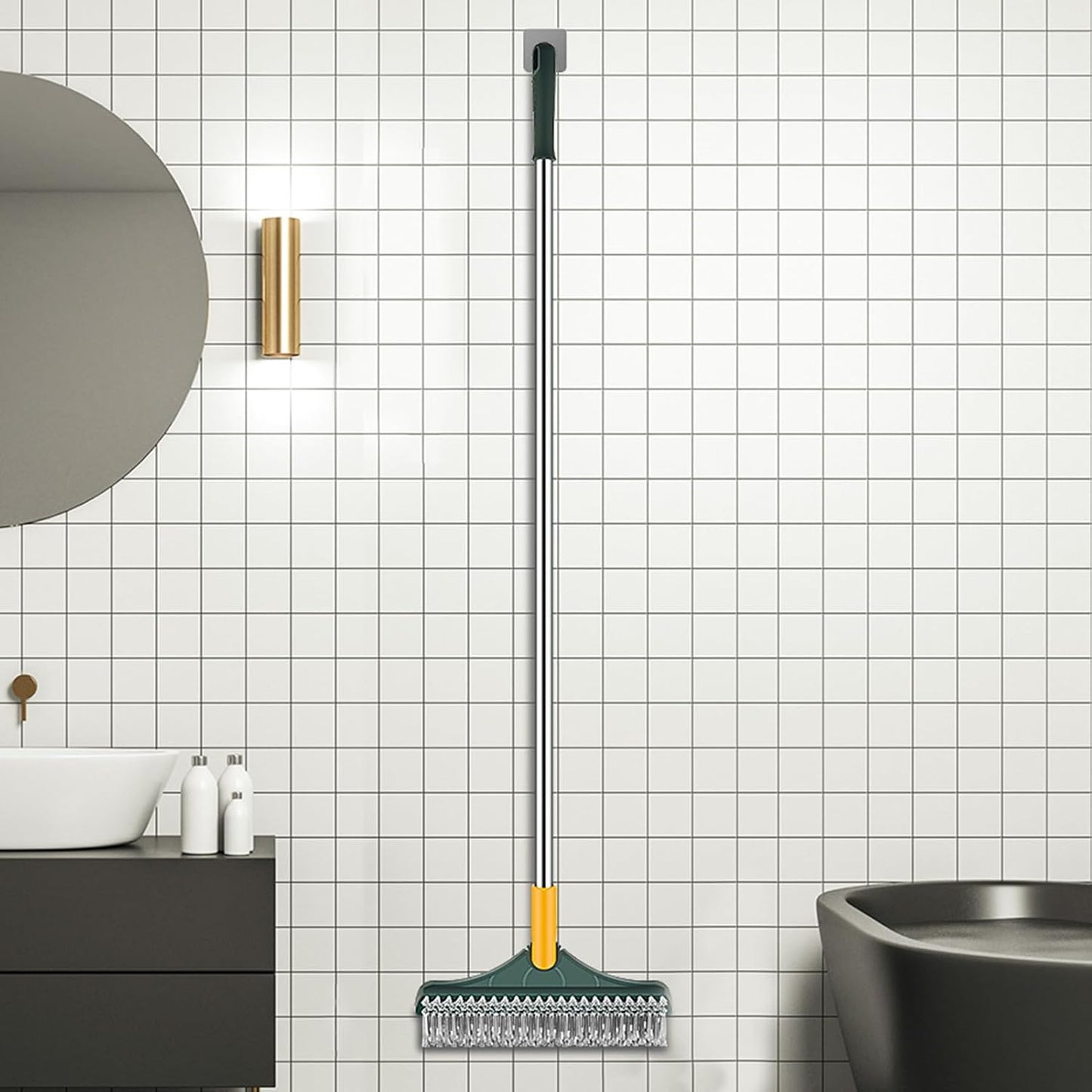 Grout Scrub Brush - Long Handle Cleaning Tool, Floor Scrubber | 3-in-1 Bathroom Brush with Rotating Head, Stiff Bristles for Tile, Shower, Deck, Wall, Kitchen Cleaning Essentials