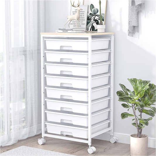 SYKIARIOL Utility Cart with 8 Drawer,Rolling Storage Cart with Wooden Tabletop and Lockable Wheels,Storage Drawer Cart with Large Capacity, 8 Tiers Drawer Cart for Home Office,Nature White