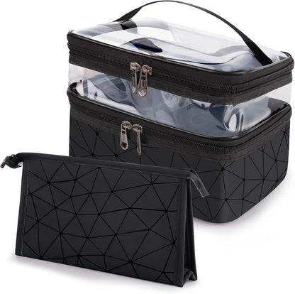 Set of 2 Women's Make-Up Large Clutch Bag Make Up Bag Makeup Cosmetic Travel Case Makeup Bag Makeup Bag Makeup Bag Girl | Black & Transparent, Black
