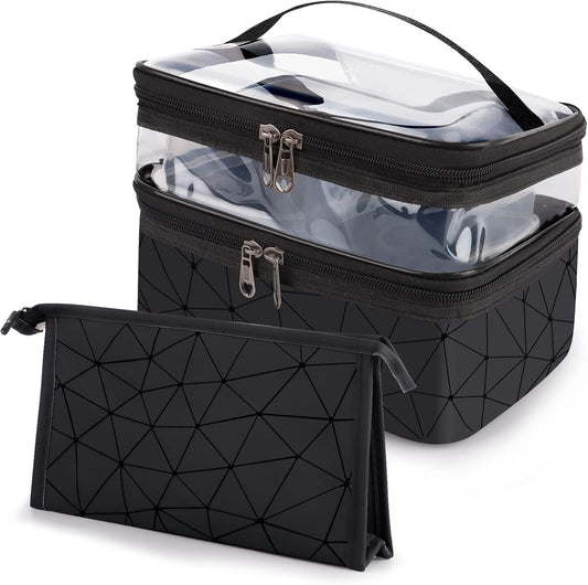 Set of 2 Women's Make-Up Large Clutch Bag Make Up Bag Makeup Cosmetic Travel Case Makeup Bag Makeup Bag Makeup Bag Girl | Black & Transparent, Black