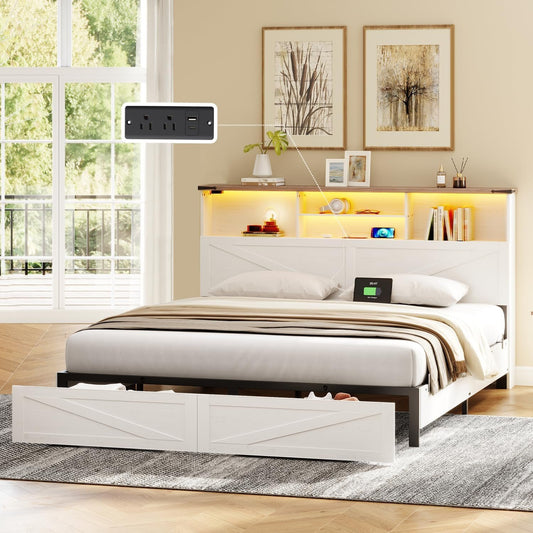 ROCHECASA Queen Bed Frame with Bookshelf, Bookcase High Headboard with Charging Station and LED Light, Farmhouse Bed with Storage Drawers, No Box Spring Needed, Noise Free, Easy Assembly, White