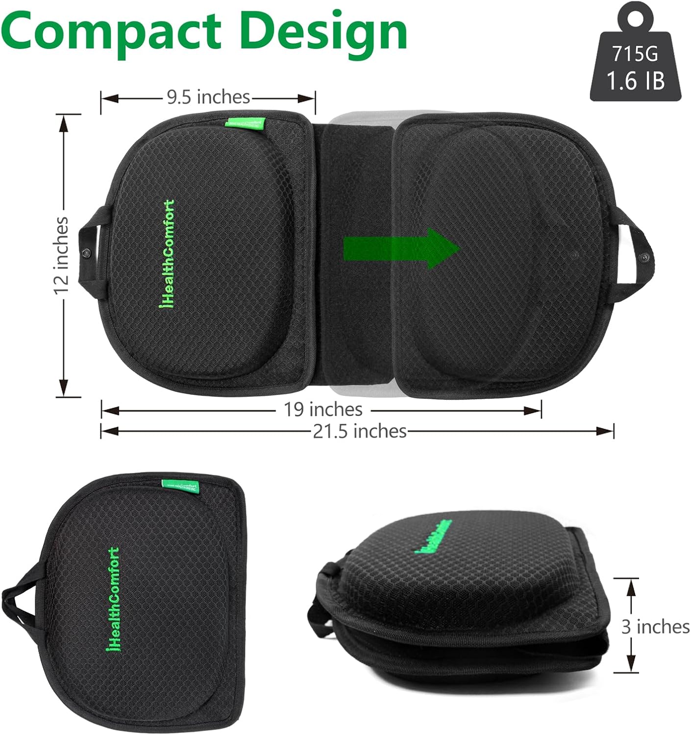 IHEALTHCOMFORT Small Travel Seat Cushion,Portable and Foldable Gel Memory Foam Cushion,Multi-Functional Supportive Firm Butt Pillow,for Long Sitting Driving Trip