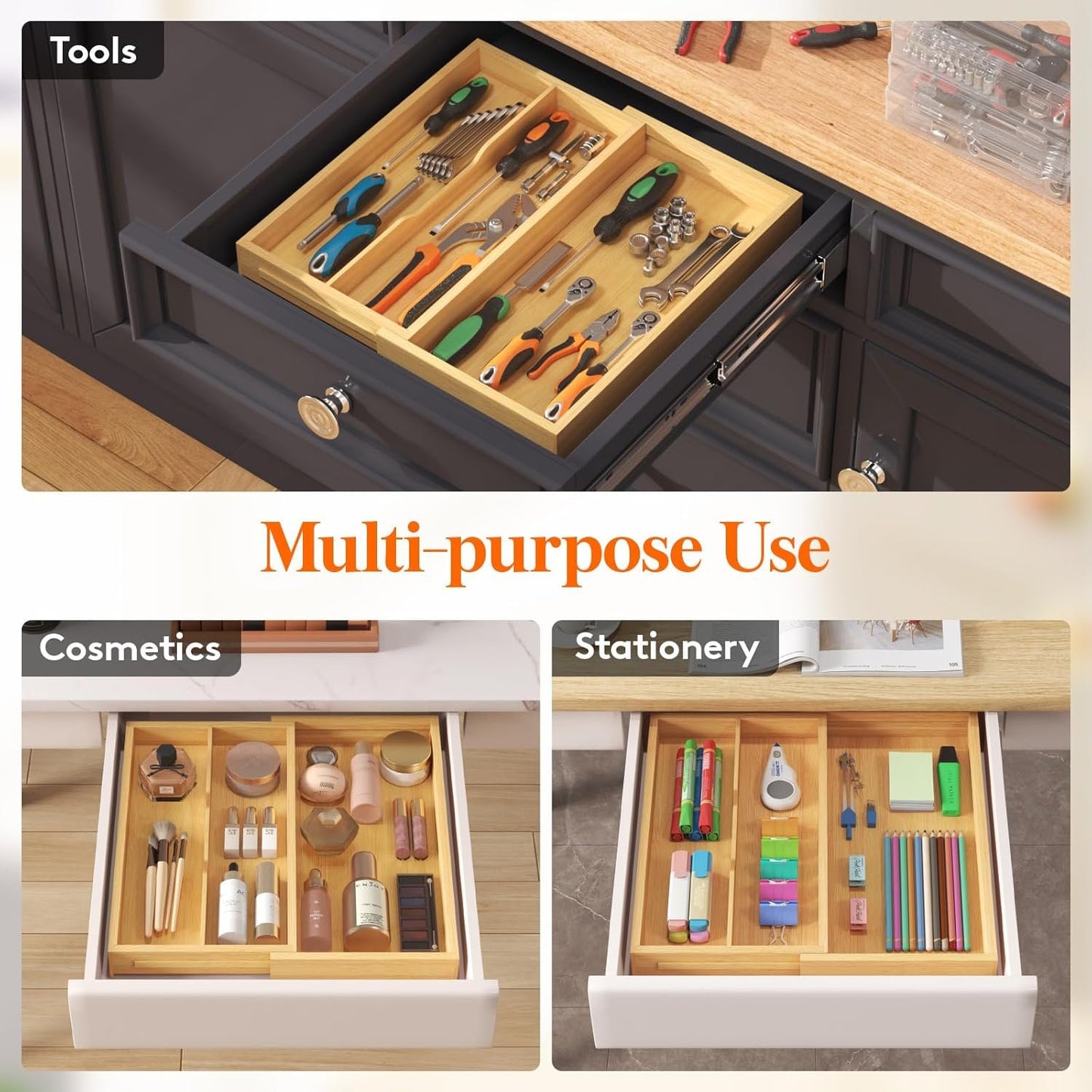 Lifewit Utensil Drawer Organizer, Expendable Cooking Silverware Tray for Kitchen Drawer, Bamboo Adjustable Cutlery Flatware Holder, Spatula Tools and Gadgets Storage Divider, 3 Compartments, Natural
