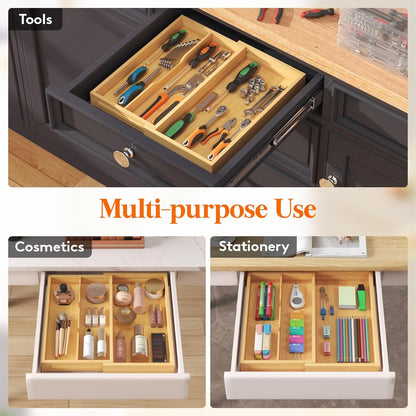 Lifewit Utensil Drawer Organizer, Expendable Cooking Silverware Tray for Kitchen Drawer, Bamboo Adjustable Cutlery Flatware Holder, Spatula Tools and Gadgets Storage Divider, 3 Compartments, Natural