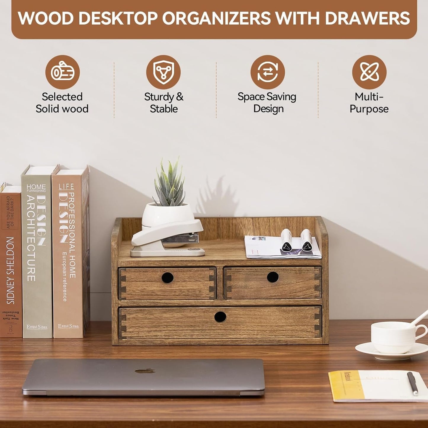 KIRIGEN Desk Organizer with Drawers - Wood Drawer Storage Box with Trays for Tabletop - Workspace Office Toiletries Supplies Tool Caddy - Wooden Storage Cabinet Dark Brownï¼ˆDT2D3C-DBRï¼‰