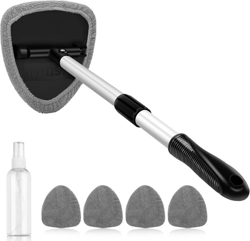 AstroAI Windshield Cleaner Tool, Car Interior Detailing Cleaning Kit with Extendable Handle with 4 Washable Reusable Microfiber Pads, Auto Glass Wiper Brush Kit Universal, Cars, Office, Home, Gray