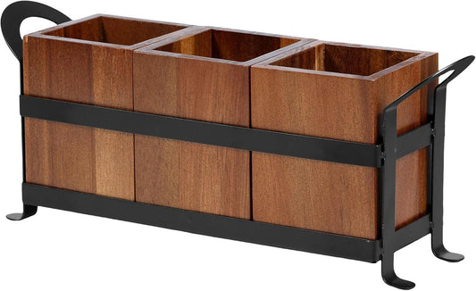 PHWRECZ Utensil Caddy 3 Compartments Wood Utensil Organizer Cutlery Holder for Spoons Fork Multifunctional Cutlery Storage Holder with Handle Removable Kitchen Utensil Holder 13.2×3.66×5.5 Inch