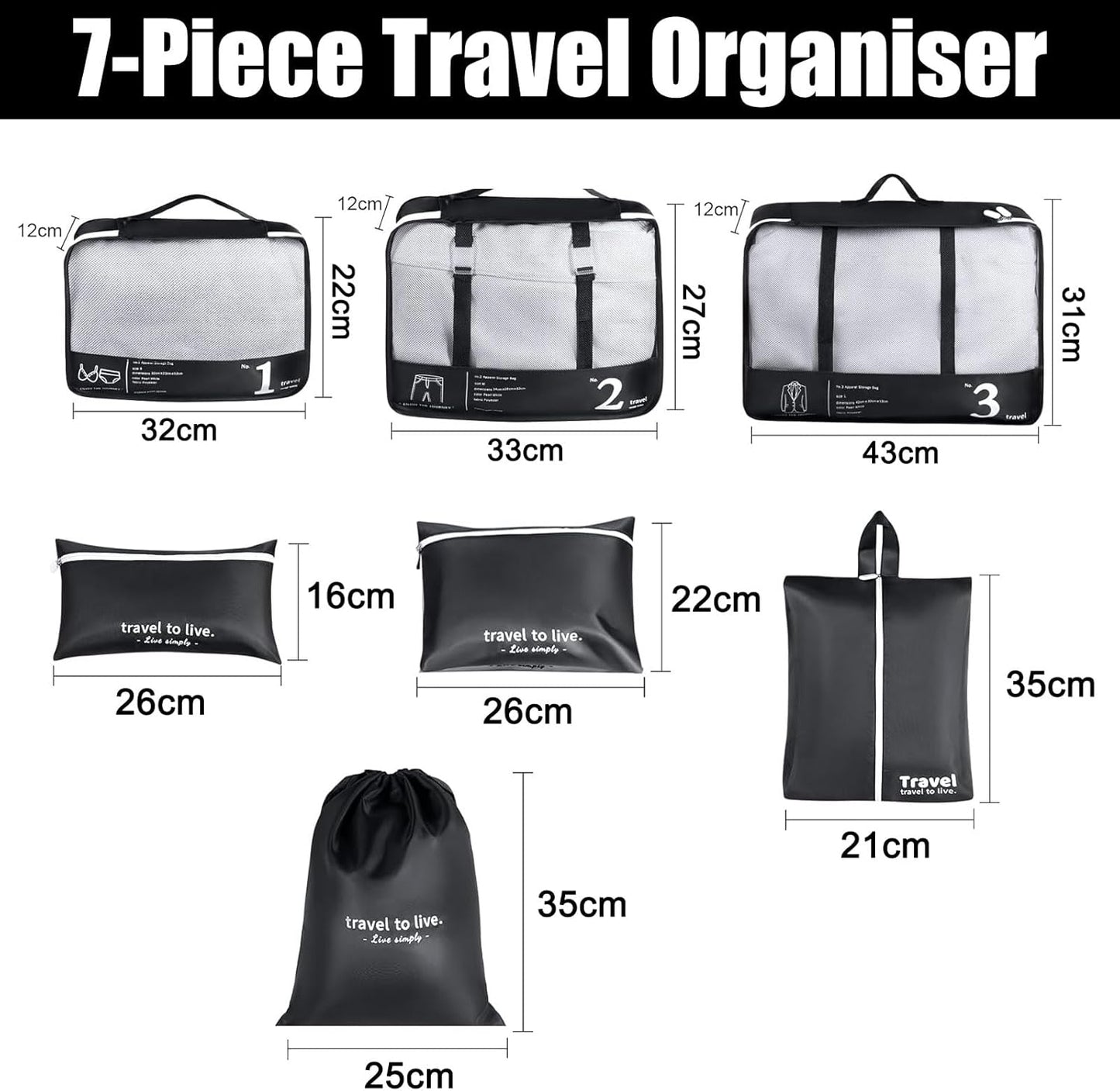 Packing Cubes Compression Suitcase Organizer with Zipper, Set of 7, Useful Accessories, Travel Suitcase Set, Black