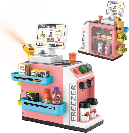 Cash Register Playset for Kids-46PCS with Scanner, Play Food and Money, Mini Supermarket Grocery Play Store Pretend Cashier, Coffee Machine, Pretend Play Toy Gift for Toddlers Boys Girls Ages 3 4 5 6