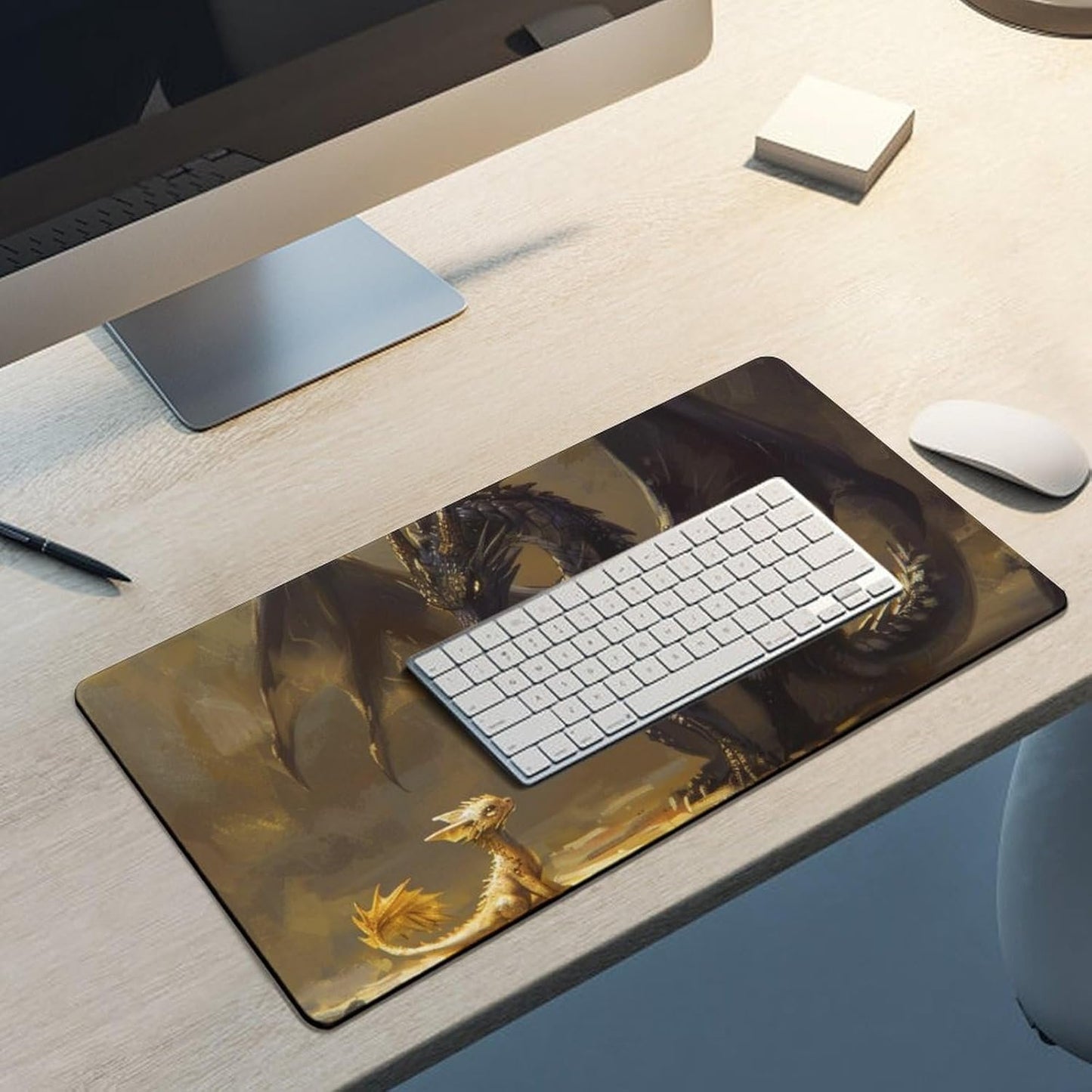 QEOPGNE Large Mouse Pad Gaming Fantasy Black Dragon Small Cute Golden Dragon Desk Mat for Keyboard and Mouse Mat Non-Slip Rubber Desk Pad 30x60cm