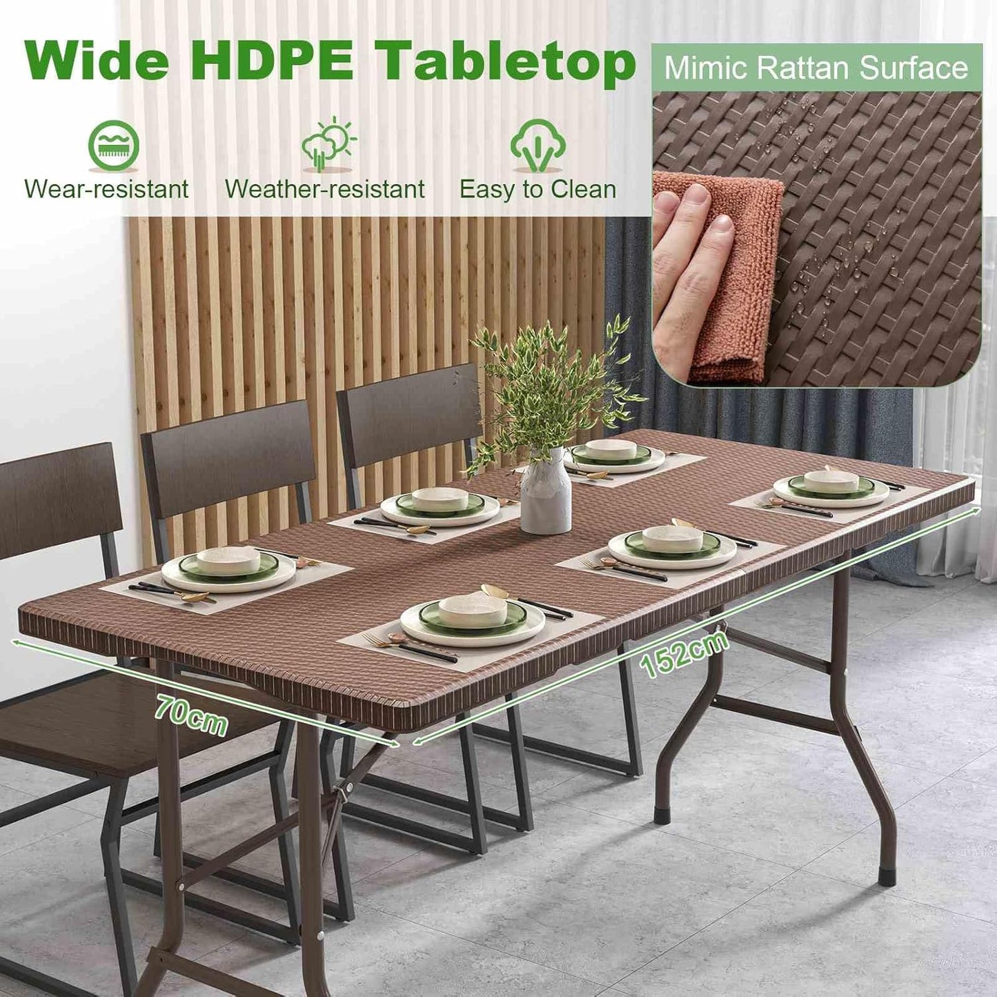 Costway 1.5m Folding Picnic Table, Outdoor Dining Table w/Rattan Grain HDPE Tabletop, Sturdy Metal Fame, Non-Slip Foot Pads, 4-6 Person Camping Table for Patio Garden Deck Yard