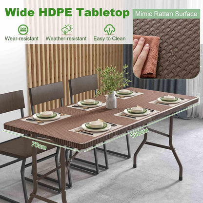 Costway 1.5m Folding Picnic Table, Outdoor Dining Table w/Rattan Grain HDPE Tabletop, Sturdy Metal Fame, Non-Slip Foot Pads, 4-6 Person Camping Table for Patio Garden Deck Yard