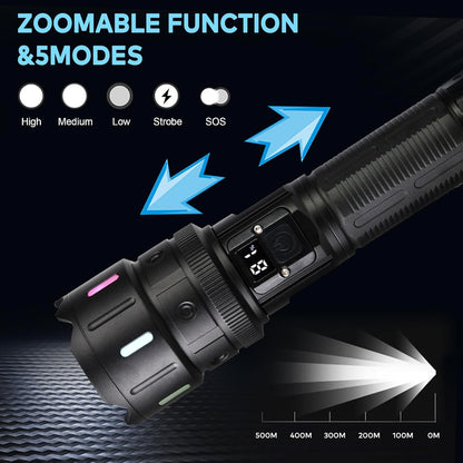 LED Torch Rechargeable Torch with High Lumens, 30000 Lumen XHP70.2 Super Bright Torch, High Powered Torches, Powerful Handheld Tactical Flashlight for Emergency Camping Hiking Gift