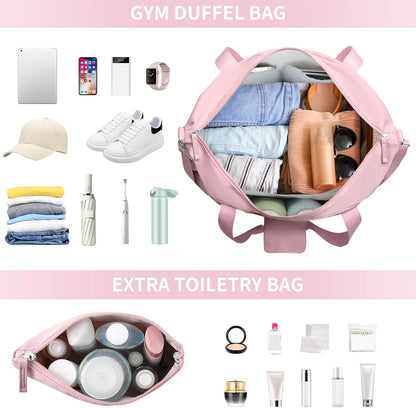 Gym Bag for Women, Sports Travel Duffel Bag with USB Charging Port, Weekender Overnight Bag with Wet Pocket and Shoes Compartment for Women Travel, Gym, Yoga, (Pink)